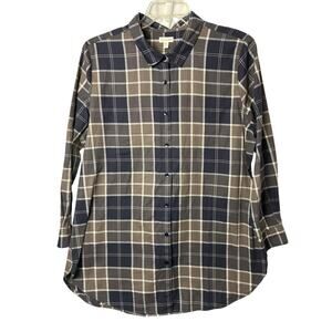 Garnet Hill Button Up Shirt Women's 18 Gray Blue Plaid Tunic Organic Pima Cotton